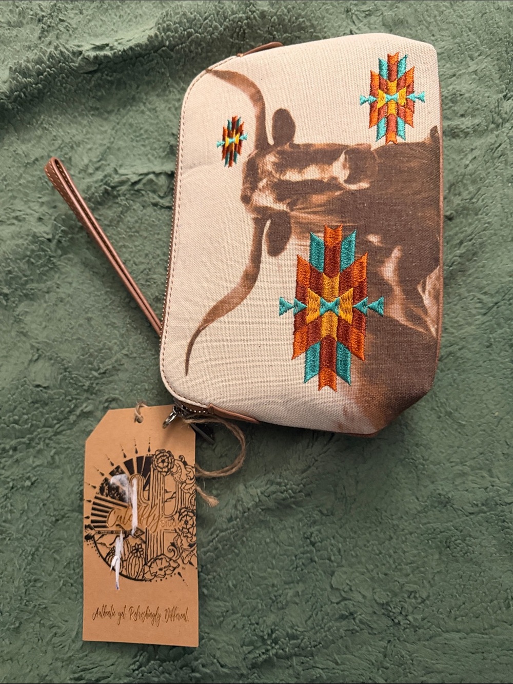 Canvas Longhorn Wristlet with Southwestern Embroidery - Beige & Turquoise